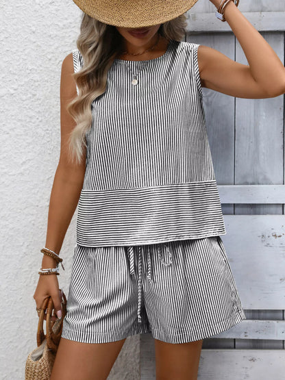 Hazel Blues® |  Striped Sleeveless Top & Drawstring Shorts Set