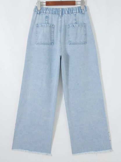 Hazel Blues® |  Studded Side Slit Leg Frayed Pocketed Wide Leg Jeans