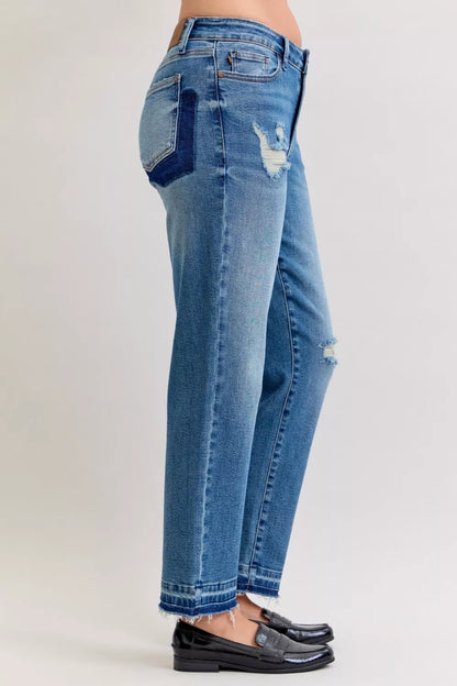 Hazel Blues® | Judy Blue Mid Rise Bf Patch & Repair Destroy Release Hem Jeans