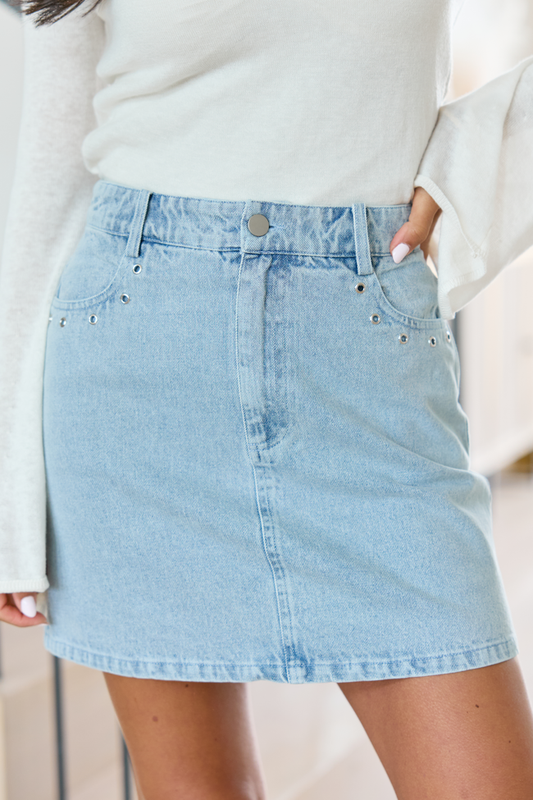 Adrian Studded Light Wash Denim Mini Skirt