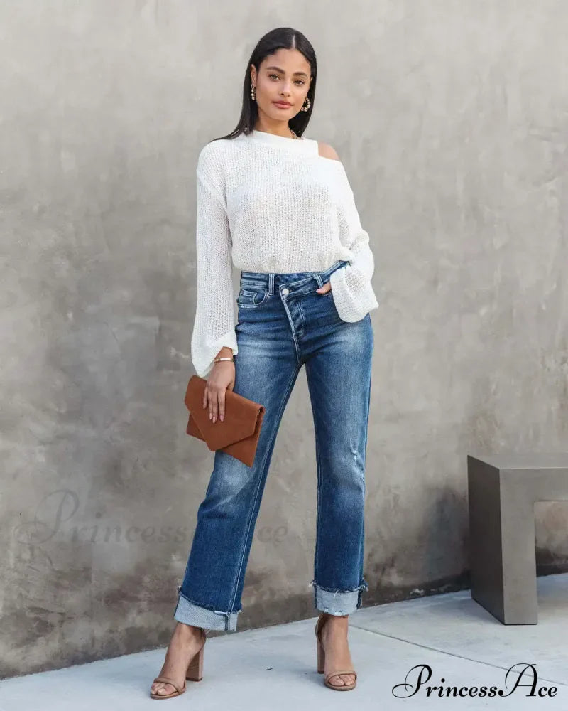 New Casual Loose Women's Wash Button Pockets High Waist Denim Abrade Elegant Jean