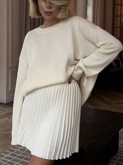 Hazel Blues® |  Round Neck Top and Pleated Skirt Sweater Set