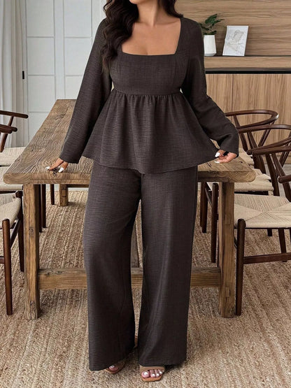 Hazel Blues® | Square Neck Long Sleeve Top and Pants Two-Piece Set
