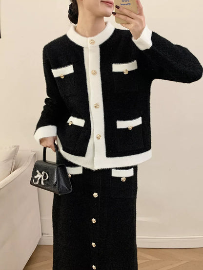 Hazel Blues® |  Contrast Trim Jacket and Skirts Sweater Set
