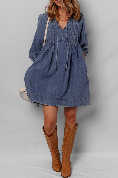 Hazel Blues® |  Tie Neck Long Sleeve Mini Denim Dress