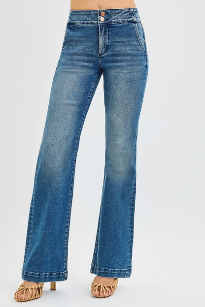 Hazel Blues® | RISEN Tummy Control High Rise Bootcut Jeans with Double Button Waistband