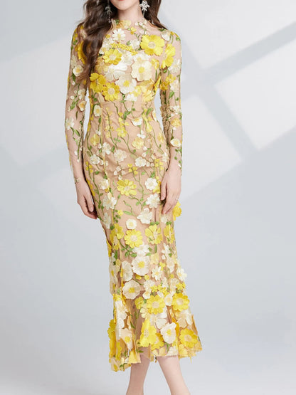 Hazel Blues® |  Floral Embroidered Mesh Long Sleeve Midi Dress