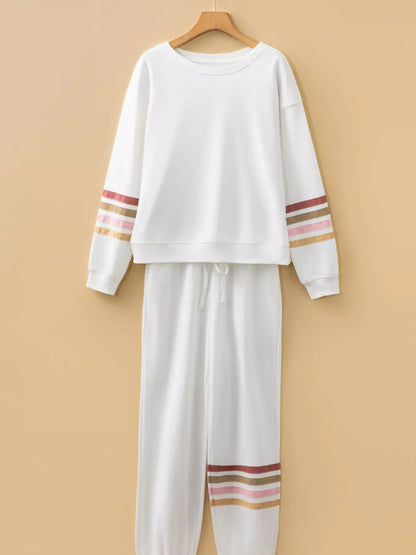 Hazel Blues® |  Striped Trim Round Neck Top and Pants Set
