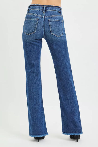 Hazel Blues® | RISEN Mid Rise Bootcut Frayed Waistband Hem Detail Jeans