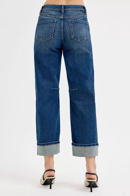 Hazel Blues® |  RISEN Slouchy Crop Barrel Cuffed Jeans