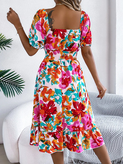 Hazel Blues® |  Ruffled Hem Smocked Floral Short Sleeve Midi Dress