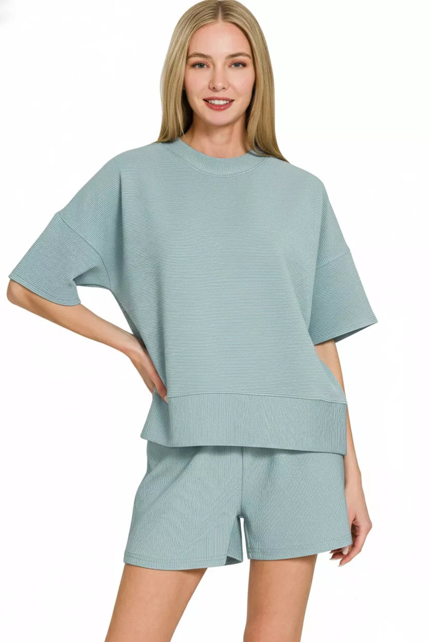 Hazel Blues® |  Zenana Ribbed Round Neck Waist Banded Tee & Shorts Set