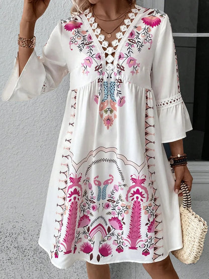 Hazel Blues® |  Lace Detail Printed Three-Quarter Sleeve Dress