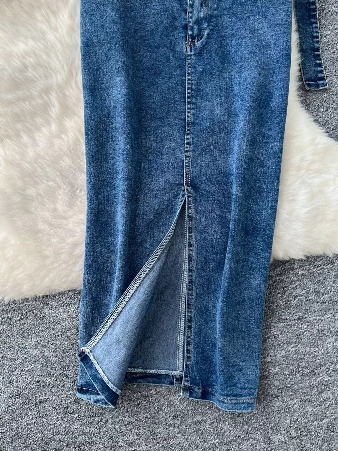 Hazel Blues® |  Frayed Denim Patchwork Top & Slit Maxi Skirt Denim Set