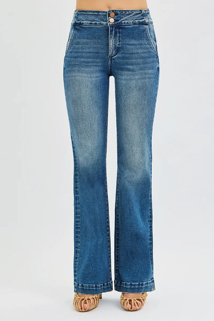 Hazel Blues® | RISEN Tummy Control High Rise Bootcut Jeans with Double Button Waistband