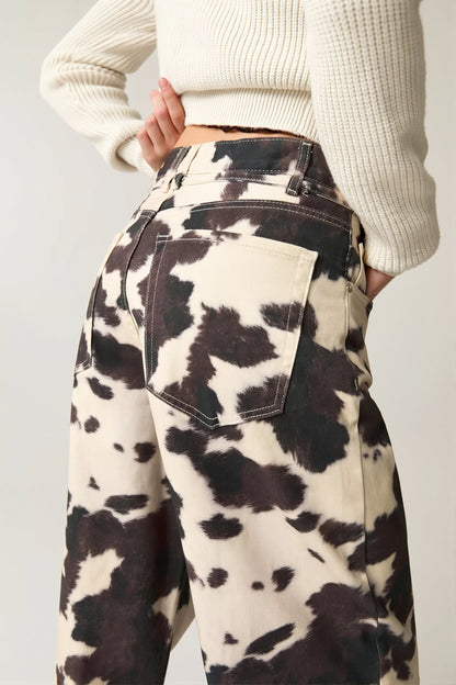 Chic Retro Cow Print Washed Straight Jeans