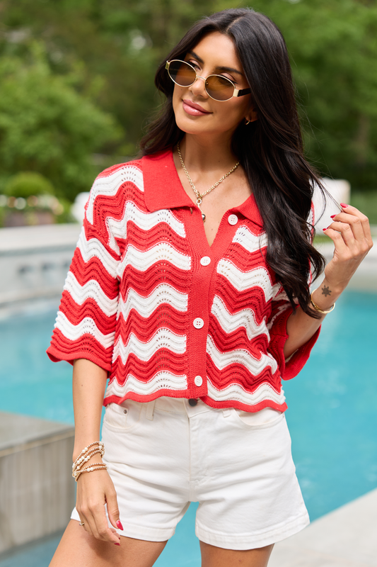 Ariel Red And White Striped Short Sleeve Cardigan