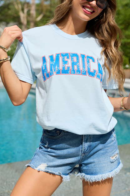 America Floral Light Blue Comfort Colors Graphic Tee