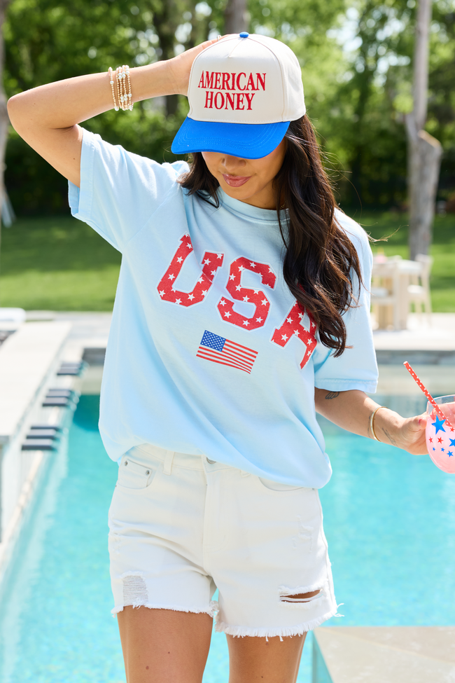 Athletic USA Flag Star Print Light Blue Comfort Colors Graphic Tee