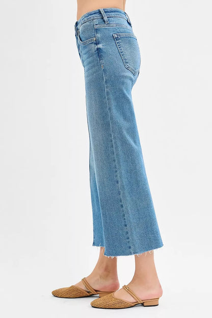 Hazel Blues® |  RISEN Tummy Control Mid Rise Crop Wide Front Slit Jeans