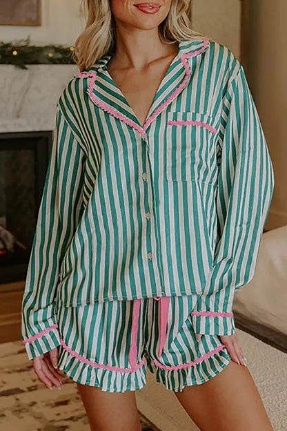 Hazel Blues® |  Stripe Contrast Ricrac Trim Long Sleeve Shirt Drawstring Ruffled Pajama Short Set