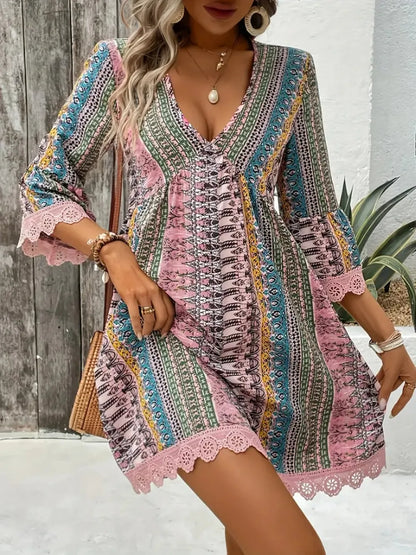 Hazel Blues® |  Lace Trim Printed V-Neck 3/4 Sleeve Dress