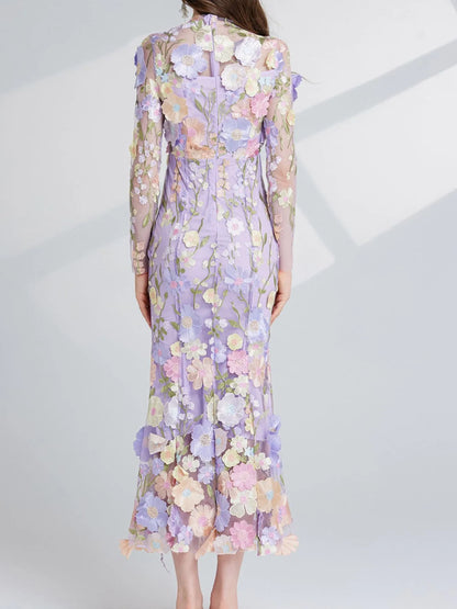 Hazel Blues® |  Floral Embroidered Mesh Long Sleeve Midi Dress