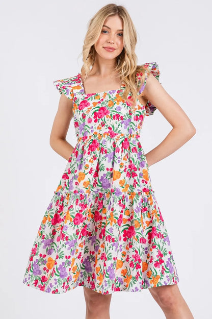 Hazel Blues® |  Mittoshop Flower Print Ruffle Shoulder A-line Mini Dress
