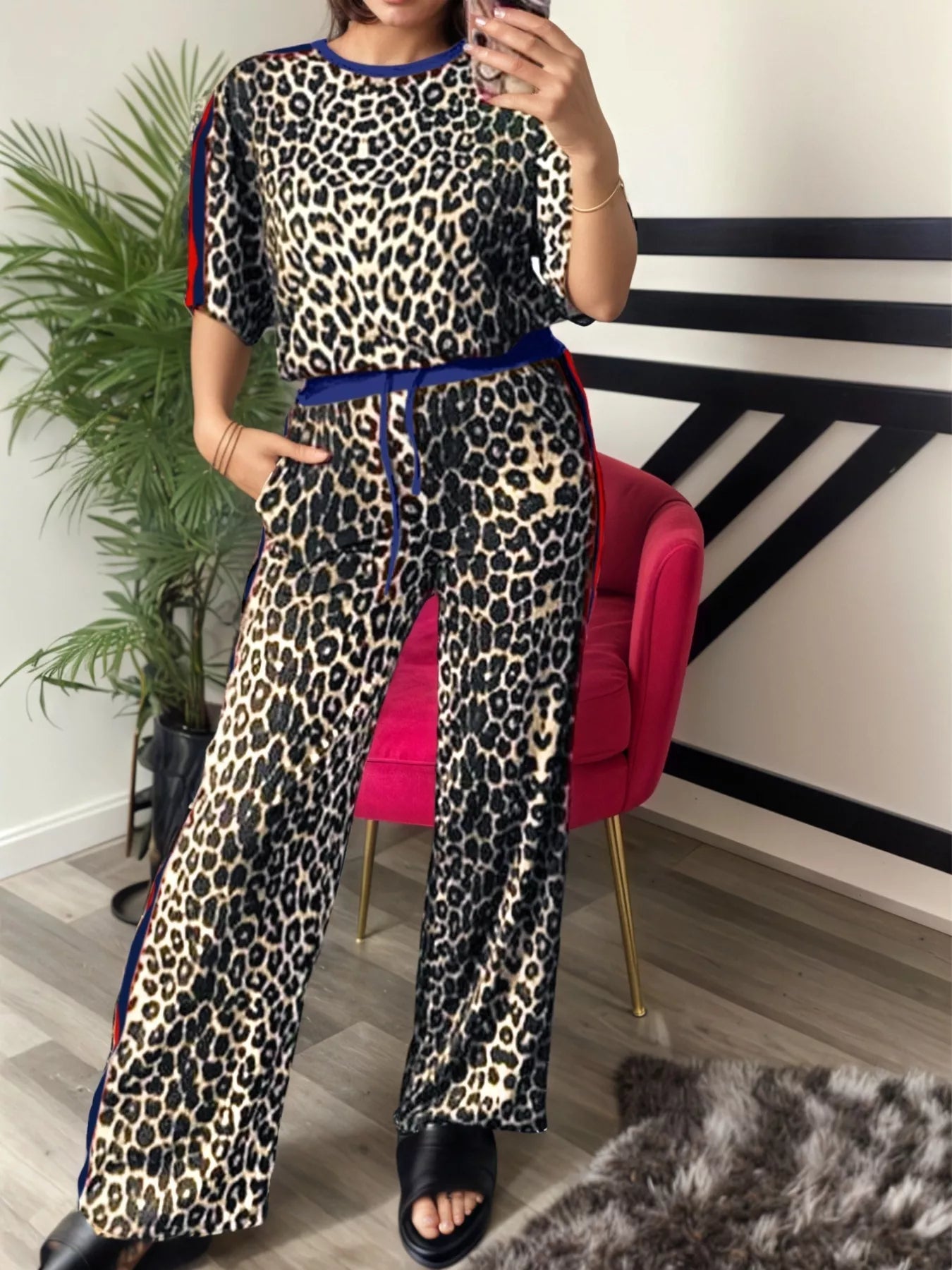 Hazel Blues® |  Leopard Round Neck Top and Pants Two-Piece Set