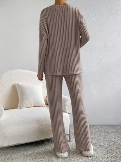 Hazel Blues® |  Ribbed Knit V-Neck Top and Pants Set
