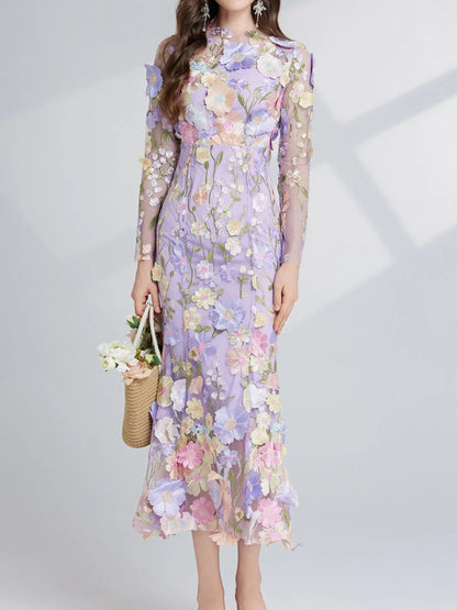 Hazel Blues® |  Floral Embroidered Mesh Long Sleeve Midi Dress