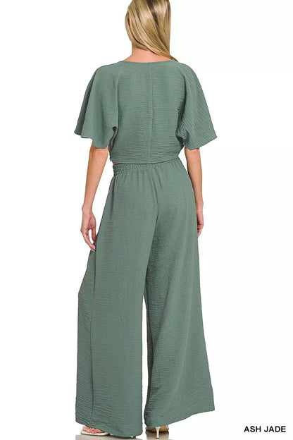 Hazel Blues® |  Zenana Woven Airflow Twisted Top & Wide Leg Pants Set