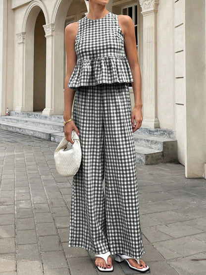 Hazel Blues® |  Gingham Sleeveless Top and Wide-Leg Pants Set