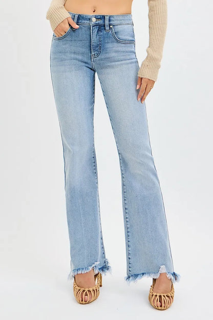 Hazel Blues® | RISEN Tummy Control Mid Rise Flare Jeans with Fray Hem Detailed