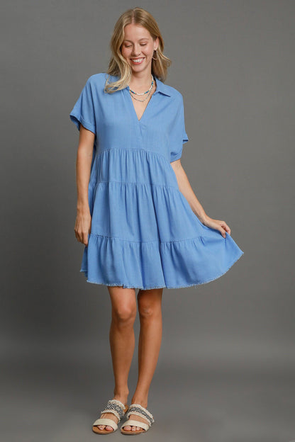Hazel Blues® | Umgee Raw Hem Folded Sleeve Tiered Dress
