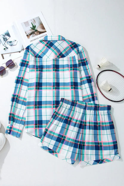 Hazel Blues® |  Plaid Snap Down Long Sleeve Top and Shorts Lounge Set