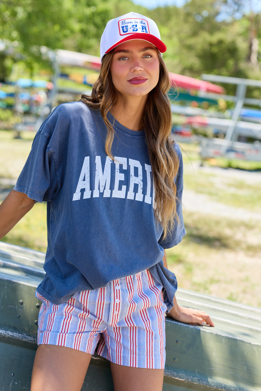 America Distressed Navy Oversized Graphic Tee