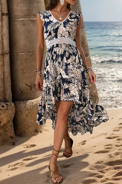 Hazel Blues® |  Perfee High-Low Printed V-Neck Cap Sleeve Midi Dress