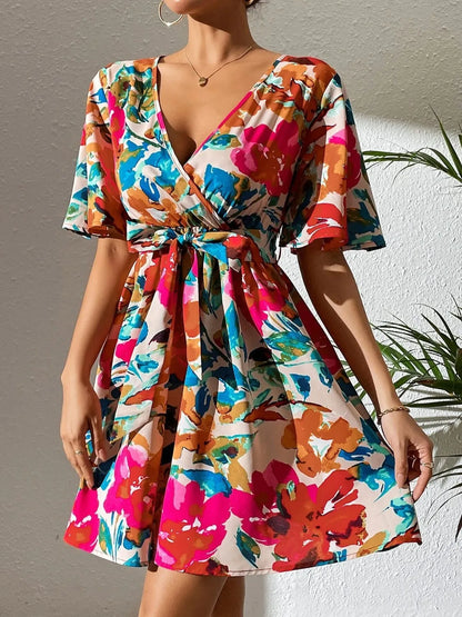 Hazel Blues® |  Printed Surplice Short Sleeve Mini Dress