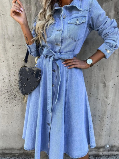 Hazel Blues® | Tie Waist Button Front Denim Shirt Dress