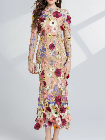 Hazel Blues® |  Floral Embroidered Mesh Long Sleeve Midi Dress