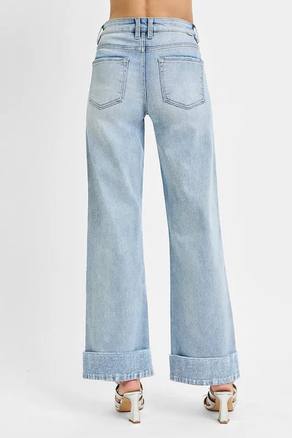 Hazel Blues® | RISEN Tummy Control High Rise Ankle Wide Cuffed Jeans