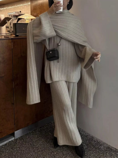 Hazel Blues® |  3-Piece Crew Neck Ribbed Sweater and Wide-Leg Pants Set with Scarf