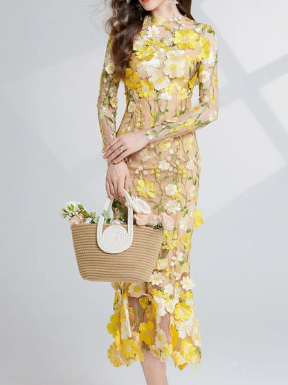 Hazel Blues® |  Floral Embroidered Mesh Long Sleeve Midi Dress