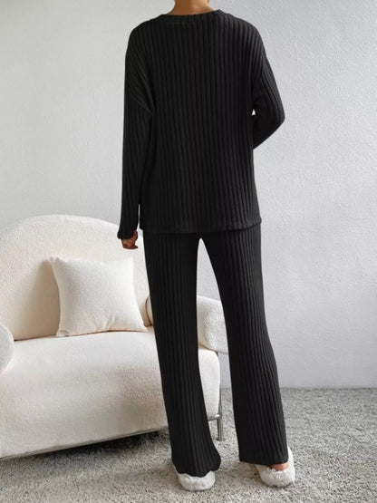 Hazel Blues® |  Ribbed Knit V-Neck Top and Pants Set