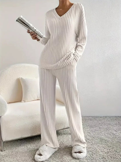 Hazel Blues® |  Ribbed Knit V-Neck Top and Pants Set