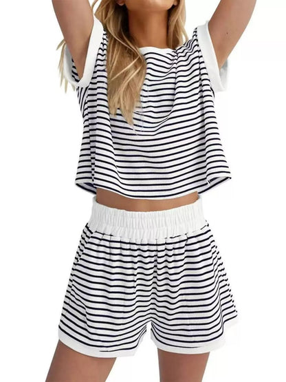 Hazel Blues® | Striped Round Neck Top and Shorts Set