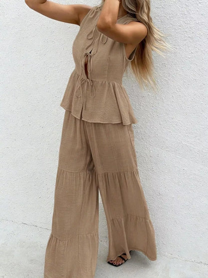 Hazel Blues® |  Sleeveless Tie-Front Top and Wide Leg Pants Set