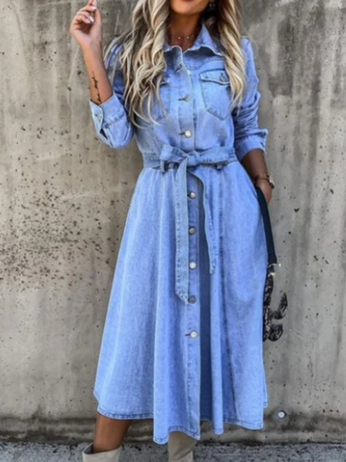 Hazel Blues® | Tie Waist Button Front Denim Shirt Dress