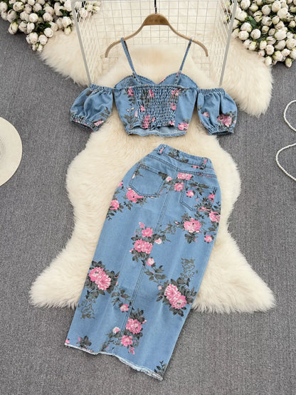 Hazel Blues® |  Floral Print Sweetheart Neck Cami and Skirt Denim Set